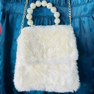 Lucky Girl Faux Pearl and Fur Ladies Gold Stap Bag